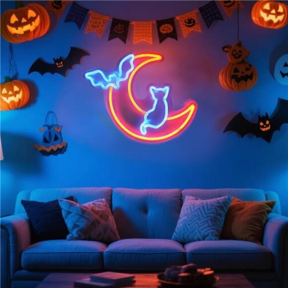 Halloween Neon Sign Wall Decor - Moon&Bat&Cat Themed Halloween LED Lights - Picture 5 of 7